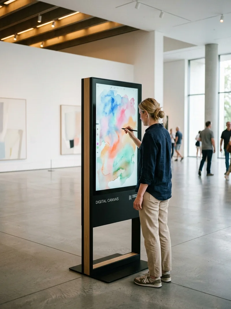 Visitor painting on a touchscreen kiosk in a museum gallery