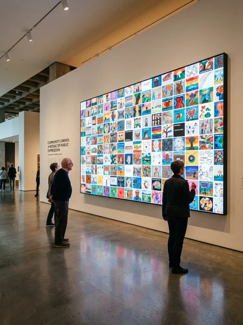 Large digital gallery wall displaying a mosaic of visitor artwork with guests admiring it