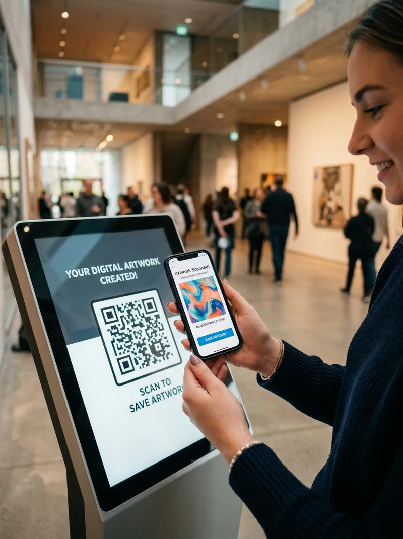 Visitor scanning QR code at kiosk to download their artwork onto a smartphone